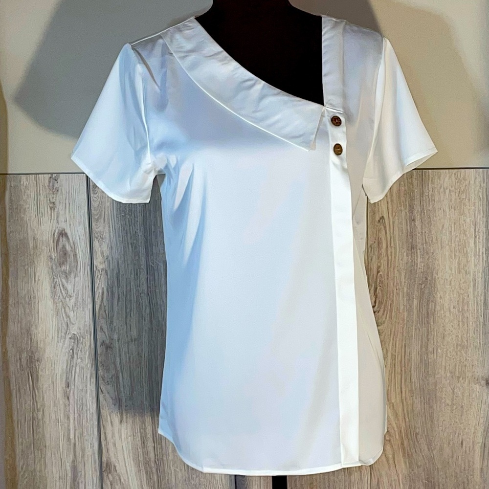 Elegant White Women's Short Sleeve Top with Button Detail Asymmetrical Neck M